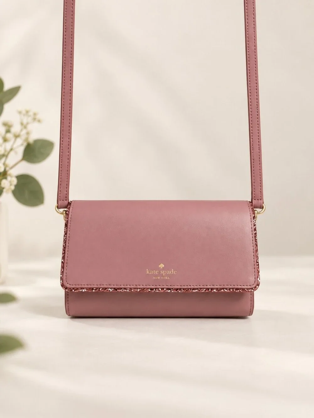 Kate Spade Blush Pink Glitter Trim Crossbody Bag Wallet EUC Like New